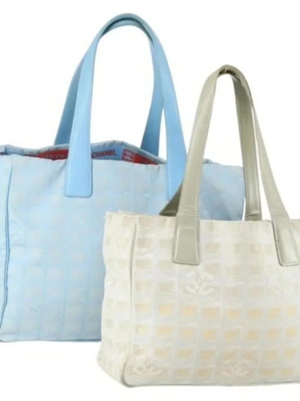 CHANEL New Travel line Tote Bag Nylon 2 Set Blue Beige CC Auth BA8965